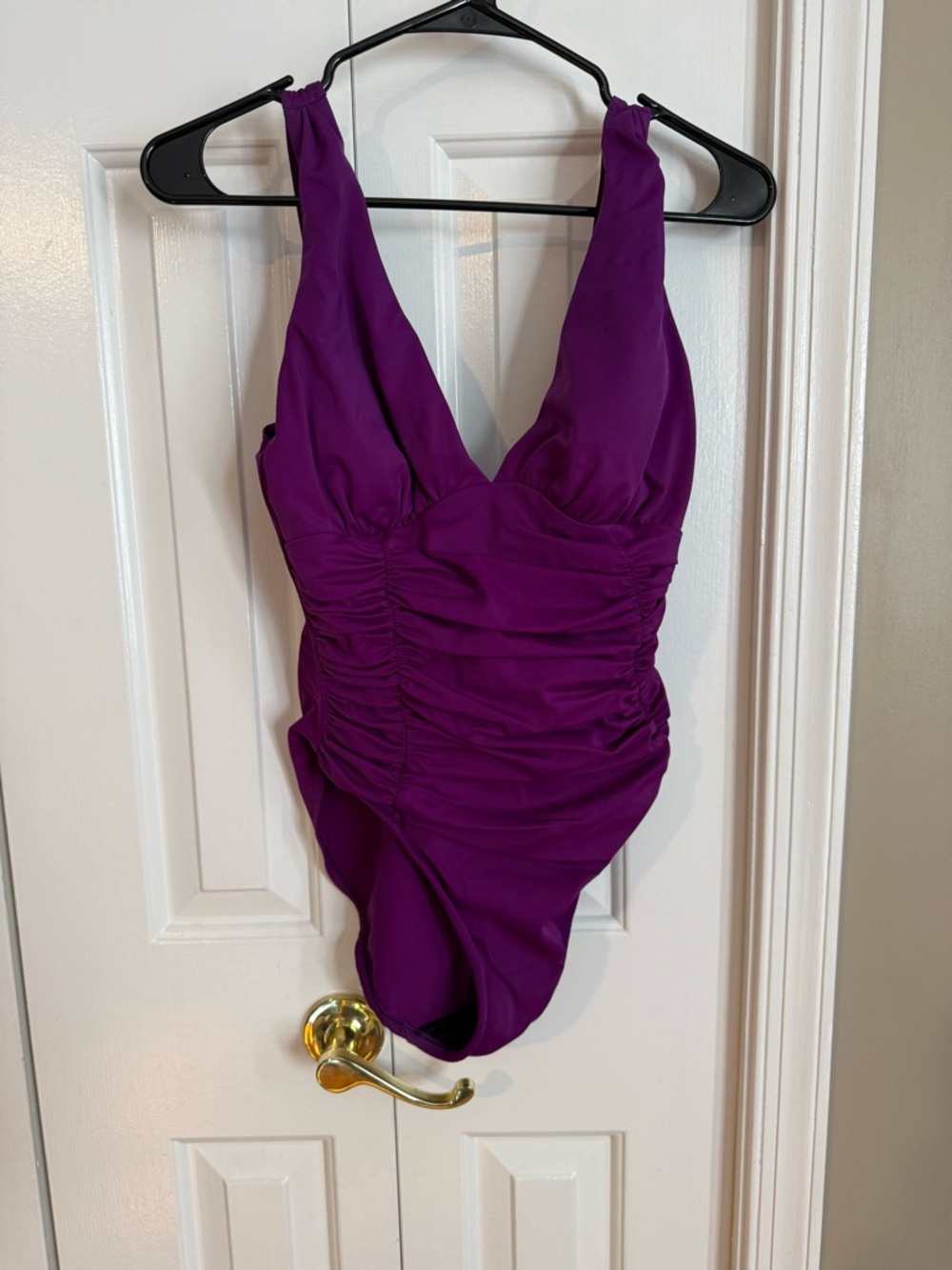 Womens Purple Miraclesuit One-Piece Swimsuit with V-Neck and Ruched Sides